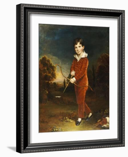 Portrait of a Young Boy in a Red Suit, Holding a Bow and Arrow-Arthur William Devis-Framed Giclee Print