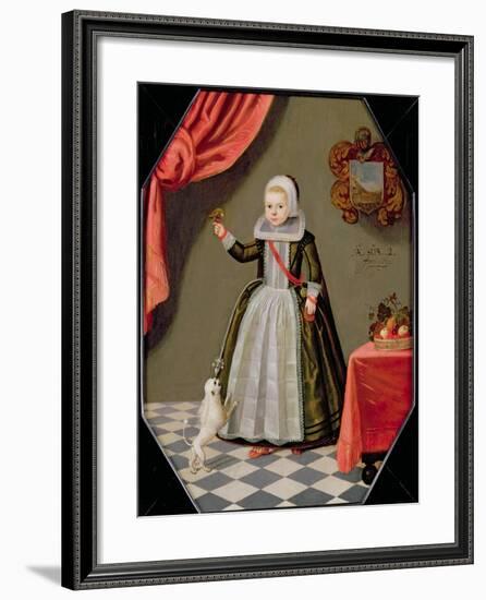 Portrait of a Young Girl with a Bird on Her Finger and a Dog at Her Feet, 1632-null-Framed Giclee Print