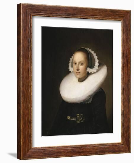 Portrait of a Young Lady, Half Length in a Black Dress, with a White Lace Cap-Johannes Cornelisz. Verspronck-Framed Giclee Print