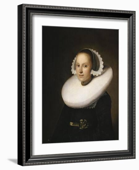 Portrait of a Young Lady, Half Length in a Black Dress, with a White Lace Cap-Johannes Cornelisz. Verspronck-Framed Giclee Print