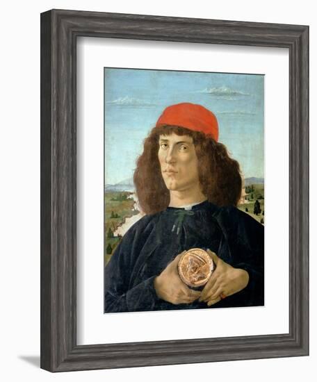 Portrait of a Young Man Holding a Medallion of Cosimo I De' Medici ('The Elder') (1389-1463)-Sandro Botticelli-Framed Giclee Print