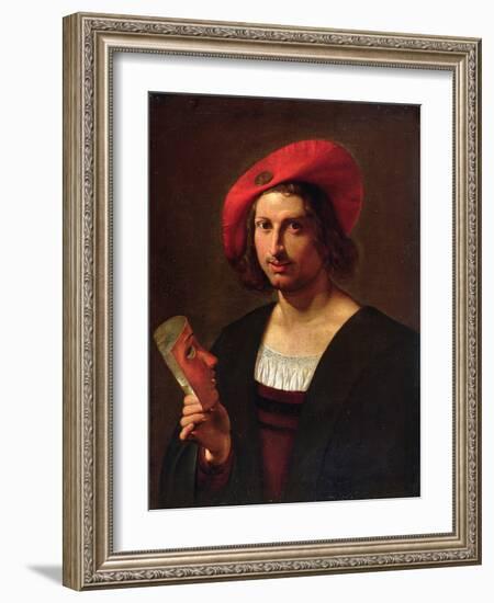 Portrait of a Young Man wearing a Hat with a Badge, holding a Mask-Pietro Paolini-Framed Giclee Print