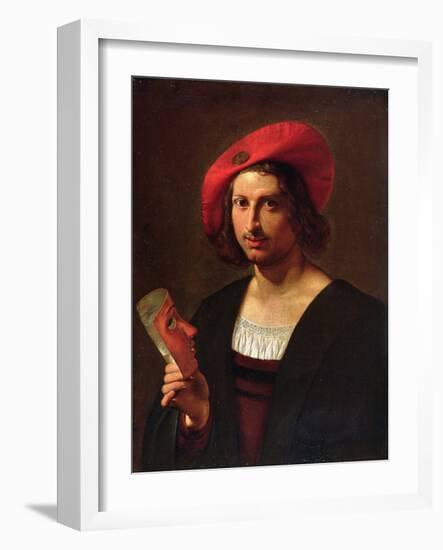 Portrait of a Young Man wearing a Hat with a Badge, holding a Mask-Pietro Paolini-Framed Giclee Print