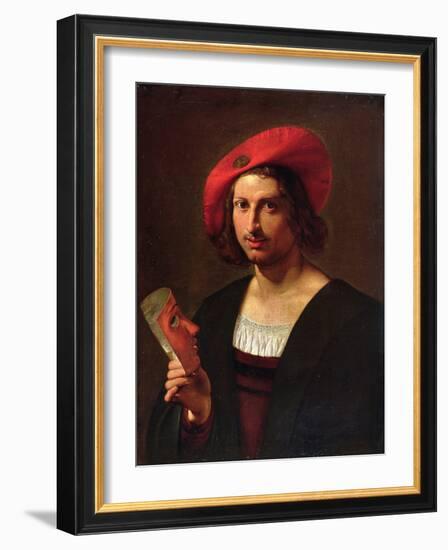 Portrait of a Young Man wearing a Hat with a Badge, holding a Mask-Pietro Paolini-Framed Giclee Print