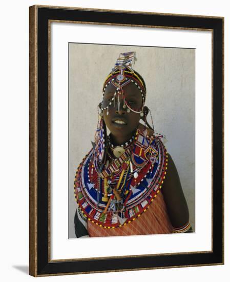 Portrait of a Young Samburu Woman in Traditional Dress and Jewellery, East Africa, Africa-Liba Taylor-Framed Photographic Print