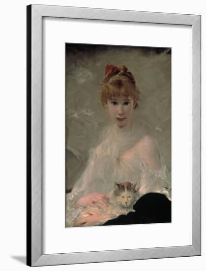 Portrait of a Young Woman with Cat-Charles Chaplin-Framed Giclee Print