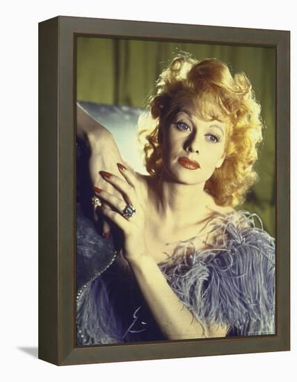 Portrait of Actress Lucille Ball Wearing Blue/Lavender Gown with Feathers-Walter Sanders-Framed Premier Image Canvas