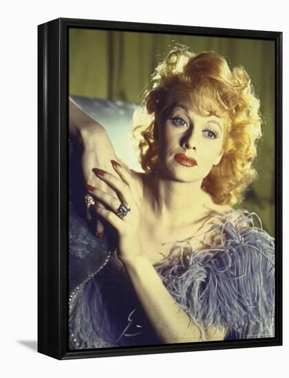 Portrait of Actress Lucille Ball Wearing Blue/Lavender Gown with Feathers-Walter Sanders-Framed Premier Image Canvas