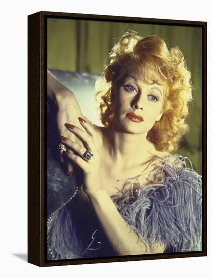 Portrait of Actress Lucille Ball Wearing Blue/Lavender Gown with Feathers-Walter Sanders-Framed Premier Image Canvas