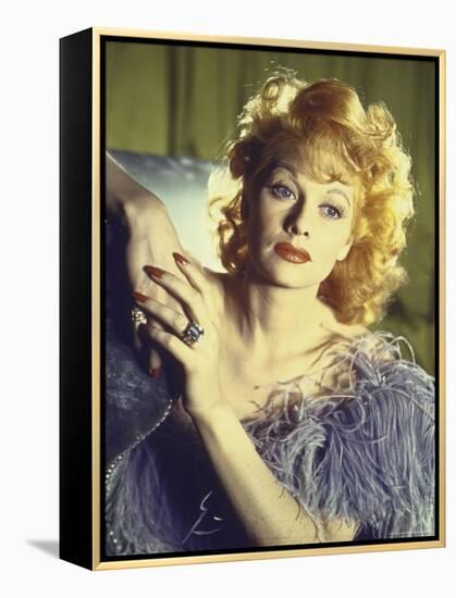 Portrait of Actress Lucille Ball Wearing Blue/Lavender Gown with Feathers-Walter Sanders-Framed Premier Image Canvas