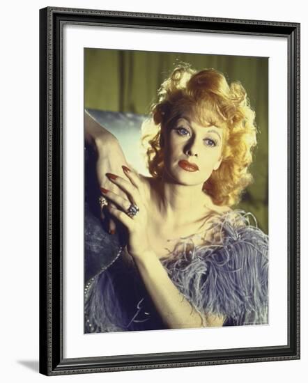 Portrait of Actress Lucille Ball Wearing Blue/Lavender Gown with Feathers-Walter Sanders-Framed Premium Photographic Print