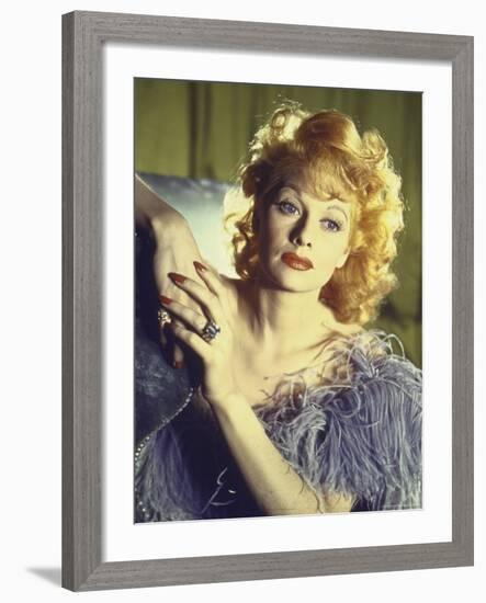 Portrait of Actress Lucille Ball Wearing Blue/Lavender Gown with Feathers-Walter Sanders-Framed Premium Photographic Print