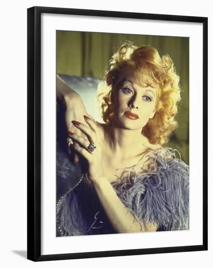 Portrait of Actress Lucille Ball Wearing Blue/Lavender Gown with Feathers-Walter Sanders-Framed Premium Photographic Print