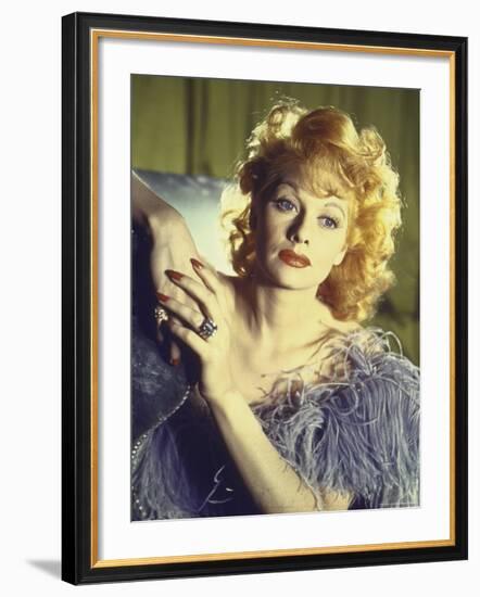 Portrait of Actress Lucille Ball Wearing Blue/Lavender Gown with Feathers-Walter Sanders-Framed Premium Photographic Print