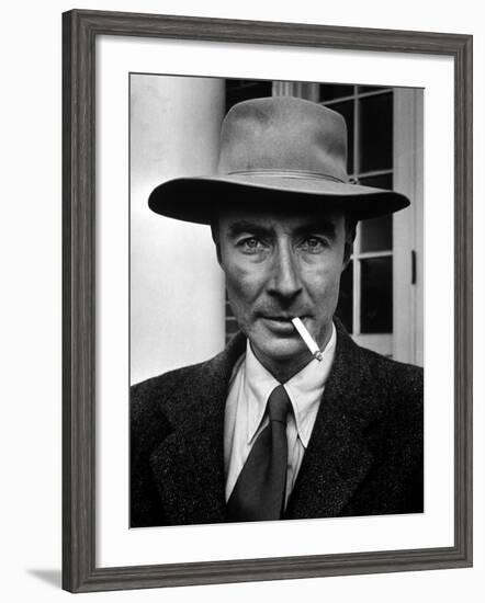 Portrait of American Physicist J. Robert Oppenheimer Wearing a Porkpie Hat and Smoking a Cigarette-Alfred Eisenstaedt-Framed Premium Photographic Print