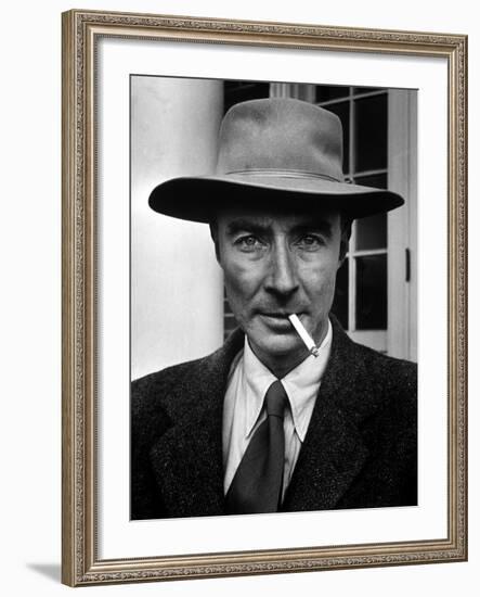 Portrait of American Physicist J. Robert Oppenheimer Wearing a Porkpie Hat and Smoking a Cigarette-Alfred Eisenstaedt-Framed Premium Photographic Print