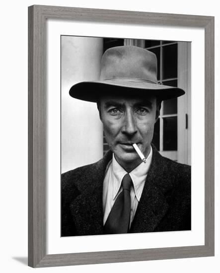 Portrait of American Physicist J. Robert Oppenheimer Wearing a Porkpie Hat and Smoking a Cigarette-Alfred Eisenstaedt-Framed Premium Photographic Print