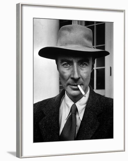 Portrait of American Physicist J. Robert Oppenheimer Wearing a Porkpie Hat and Smoking a Cigarette-Alfred Eisenstaedt-Framed Premium Photographic Print