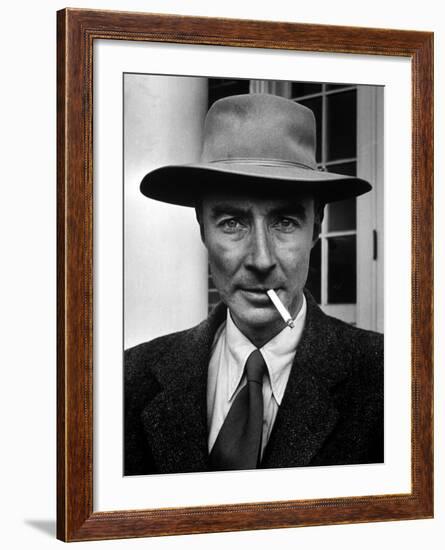 Portrait of American Physicist J. Robert Oppenheimer Wearing a Porkpie Hat and Smoking a Cigarette-Alfred Eisenstaedt-Framed Premium Photographic Print