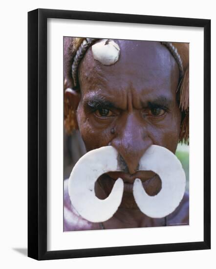 Portrait of an Asmat Man with Nose Ornament, Papua New Guinea, Pacific-Claire Leimbach-Framed Photographic Print