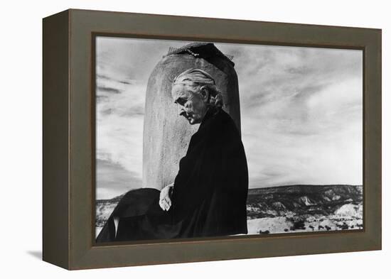 Portrait of Artist Georgia O'Keeffe Sitting on the Roof of Her Ghost Ranch Home-John Loengard-Framed Premier Image Canvas