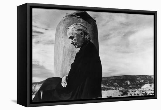 Portrait of Artist Georgia O'Keeffe Sitting on the Roof of Her Ghost Ranch Home-John Loengard-Framed Premier Image Canvas