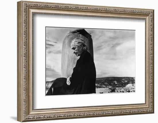 Portrait of Artist Georgia O'Keeffe Sitting on the Roof of Her Ghost Ranch Home-John Loengard-Framed Photographic Print