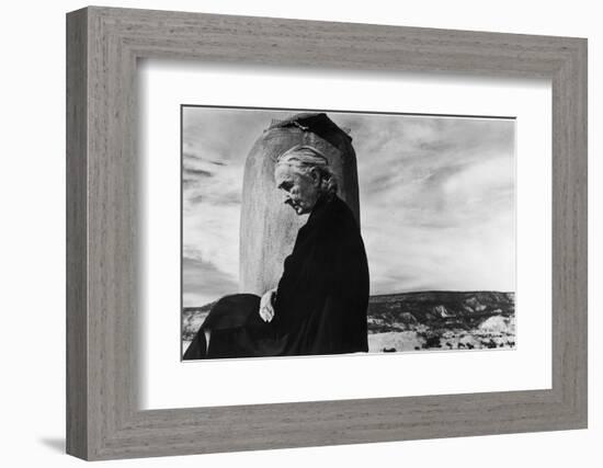 Portrait of Artist Georgia O'Keeffe Sitting on the Roof of Her Ghost Ranch Home-John Loengard-Framed Photographic Print