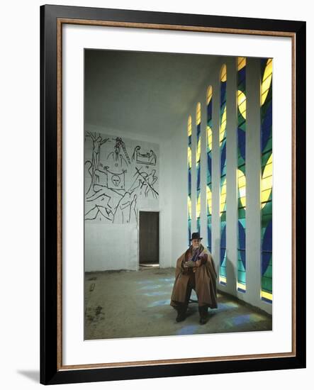 Portrait of Artist Henri Matisse in Chapel He Created, Tiles on Wall Depict Stations of the Cross-Dmitri Kessel-Framed Premium Photographic Print