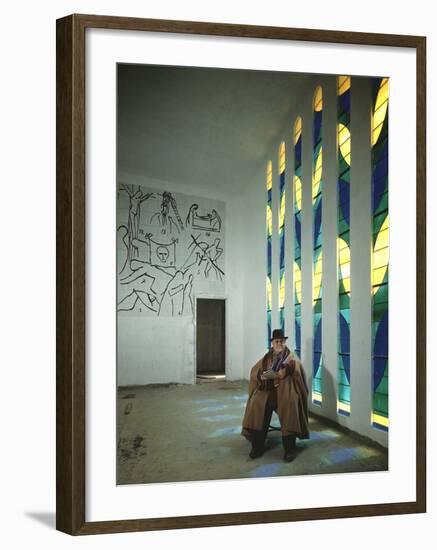 Portrait of Artist Henri Matisse in Chapel He Created, Tiles on Wall Depict Stations of the Cross-Dmitri Kessel-Framed Premium Photographic Print