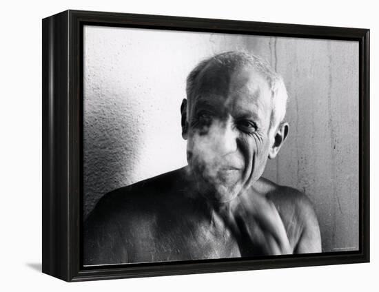 Portrait of Artist Pablo Picasso, Bare Chested and Smiling-Gjon Mili-Framed Premier Image Canvas