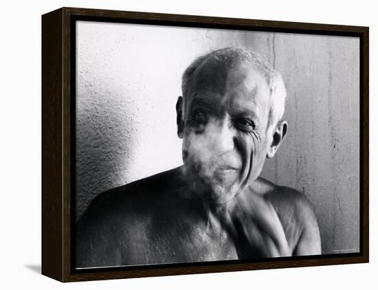 Portrait of Artist Pablo Picasso, Bare Chested and Smiling-Gjon Mili-Framed Premier Image Canvas