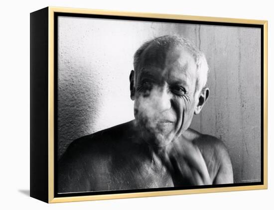 Portrait of Artist Pablo Picasso, Bare Chested and Smiling-Gjon Mili-Framed Premier Image Canvas