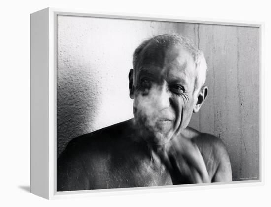 Portrait of Artist Pablo Picasso, Bare Chested and Smiling-Gjon Mili-Framed Premier Image Canvas