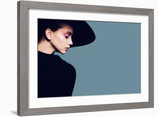 Portrait of Beautiful Girl in Hat in Profile, Posing in Studio-Yuliya Yafimik-Framed Photographic Print