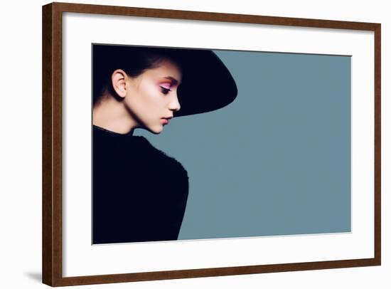 Portrait of Beautiful Girl in Hat in Profile, Posing in Studio-Yuliya Yafimik-Framed Photographic Print