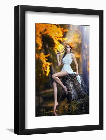 Portrait of Beautiful Girl in the Forest Girl with Fairy Look in Autumnal Shoot-iancucristi-Framed Photographic Print
