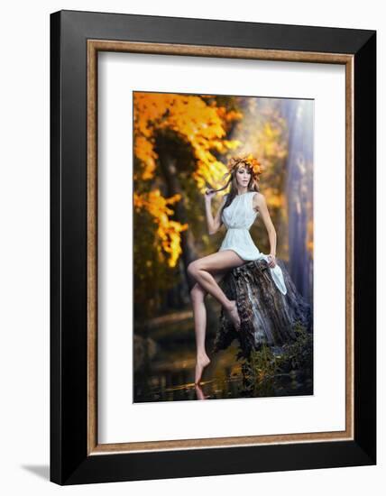 Portrait of Beautiful Girl in the Forest Girl with Fairy Look in Autumnal Shoot-iancucristi-Framed Photographic Print