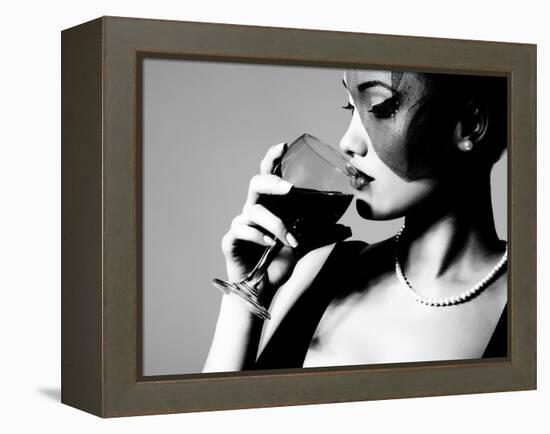 Portrait of Beautiful Young Woman with Wine Glass, Black and White Retro Stylization-khorzhevska-Framed Premier Image Canvas