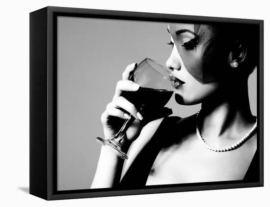 Portrait of Beautiful Young Woman with Wine Glass, Black and White Retro Stylization-khorzhevska-Framed Premier Image Canvas