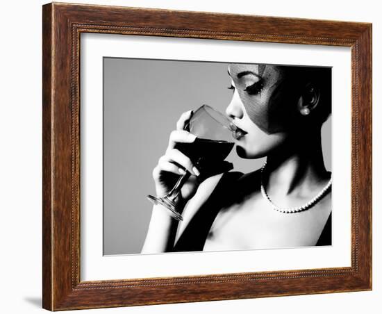 Portrait of Beautiful Young Woman with Wine Glass, Black and White Retro Stylization-khorzhevska-Framed Photographic Print