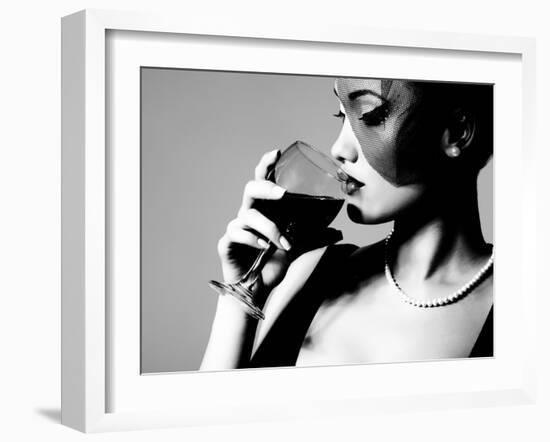 Portrait of Beautiful Young Woman with Wine Glass, Black and White Retro Stylization-khorzhevska-Framed Photographic Print