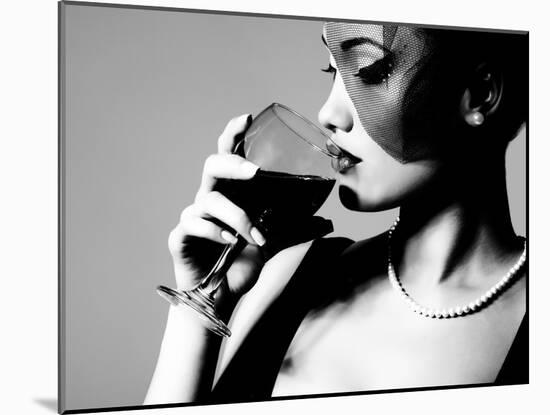 Portrait of Beautiful Young Woman with Wine Glass, Black and White Retro Stylization-khorzhevska-Mounted Photographic Print