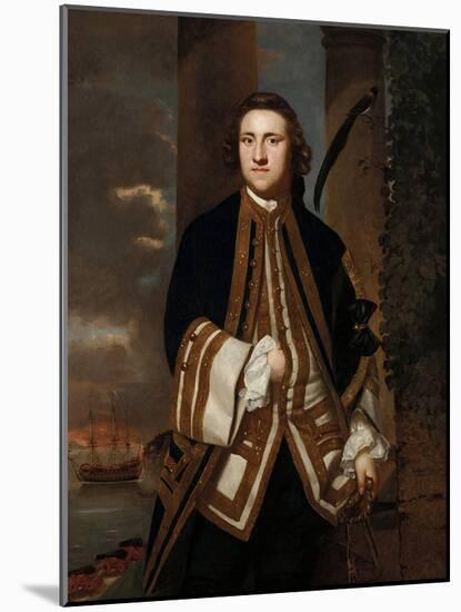 'Portrait of Captain George Edgecumbe (1720-1795), with the 'Salisbury' in the Background, a 50-Gun-Joshua Reynolds-Mounted Giclee Print