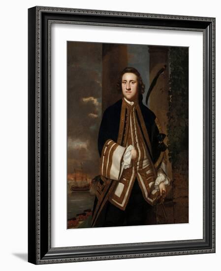'Portrait of Captain George Edgecumbe (1720-1795), with the 'Salisbury' in the Background, a 50-Gun-Joshua Reynolds-Framed Giclee Print