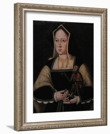 Portrait of Catherine of Aragon, with Her Pet Monkey (Copy after Lucas Horenbou), Ca 1530-null-Framed Giclee Print