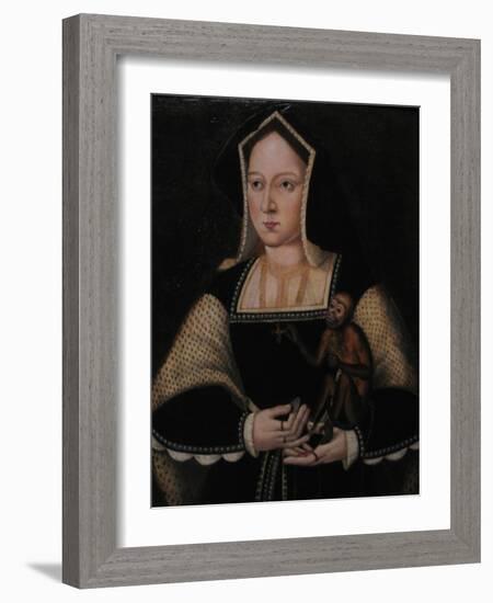 Portrait of Catherine of Aragon, with Her Pet Monkey (Copy after Lucas Horenbou), Ca 1530-null-Framed Giclee Print