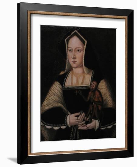 Portrait of Catherine of Aragon, with Her Pet Monkey (Copy after Lucas Horenbou), Ca 1530-null-Framed Giclee Print
