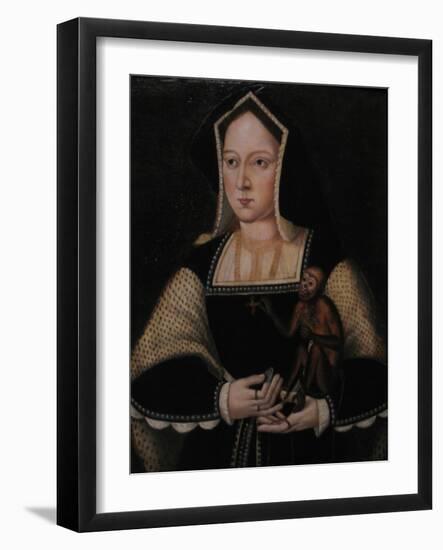 Portrait of Catherine of Aragon, with Her Pet Monkey (Copy after Lucas Horenbou), Ca 1530-null-Framed Giclee Print
