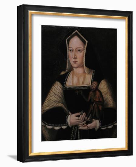 Portrait of Catherine of Aragon, with Her Pet Monkey (Copy after Lucas Horenbou), Ca 1530-null-Framed Giclee Print